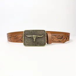 Belts One PU Leather Fashion Vintage Cowboy Belt Cow Head Buckle Curly Grass Pattern Botanical Embossing With Jeans