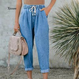 Women's Jeans Cropped Harem Trousers Drawstring Denim For Women Boyfriends Straight Femme Casual Cotton Loose Slim Vintage Pants