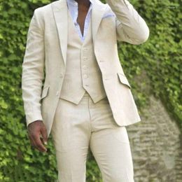 Men's Suits 2024 Summer Linen Beige Elegant For Men Casual Slim Fit Blazers Hombre Made High Quality Custom 3 Piece Set Costume Homme