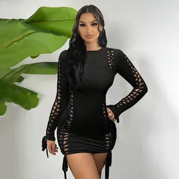 Casual Dresses SKMY Sexy Wrapped Hip Dress Fashion Solid Color Lace-Up Hollow Out Patchwrok Long Sleeve Bodycon Clothes For Women