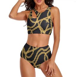 Women's Swimwear Sexy Golden Chain Bikini Swimsuit Links Print Colourful High Waist Custom Bikinis Set Push Up Bathing Suit