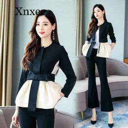 Women's Two Piece Pants 2 Set Women Spring Autumn Europe Cardigan Spliced Bows Blouses Tops And Flare Suits Elegant OL Clothing Formal