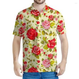 Men's Polos Rose Flower 3D Printed Polo Shirt Men Women Summer Floral Pattern Short Sleeves Tops Lapel Button Tees Casual Street T-shirt