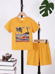 Clothing Sets Boys' Two-Piece Tropical Street Olive Tree Car Print Short-Sleeved T-Shirt And Plain Shorts Summer Style