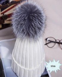 MeiHuiDa 2020 New Women Girls Winter Knitted Beanie Raccoon Fur Pom Bobble Hat Crochet Ski Cap Big Furry Ball Fashion Hat2281181