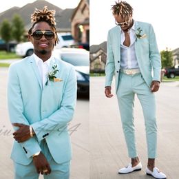 2021 Mint Green Tuxedos Mens Suits Slim Fit Two Pieces Beach Groom Wedding For Men Peaked Lapel Formal Prom Suit Jacket Pants 272I