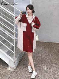 Casual Dresses Fashion Red Striped Stitching Dress For Women 2024 Autumn Clothes High-end Polo Collar Loose Long Sleeve Shirt
