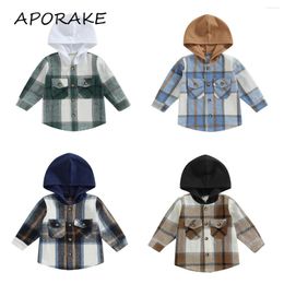 Jackets 2024 1-6Y Casual Kid Boy Girls Plaid Print Coat Winter Spring Long Sleeve Button Closure Patchwork Hood Shirt Outwear