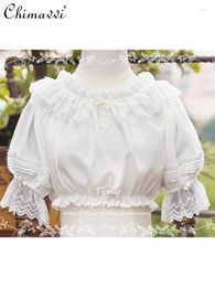 Women's Blouses Summer 2024 French Style Retro Double-Layer Lace Chiffon Off-Neck Bow Half Sleeve Elastic Waist Sweet Lolita Shirt Top For