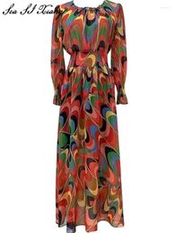 Casual Dresses Seasixiang Fashion Designer Long Dress Women's O-Neck Lantern Sleeve Multicolor Print Elegant Party Elastic Waist