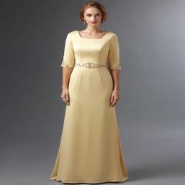 Yellow Satin Long Modest Bridesmaid Dresses With Half Sleeves Square Neck Beaded Waist Mother Bridesmaid Dress Elegant New Real Photo 310m