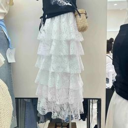 Skirts White Long Cake Skirt Women Crochet Lace 2024 Japan Lolita Spring Summer High Waisted Ruched Ruffle Pleated