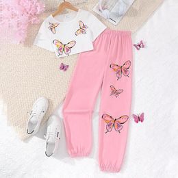 Clothing Sets Teens 2 Pcs Set Kids Girl Graphic Top Pant 8 9 10 11 12 Y Summer Korean Style Fashion Casual Birthday Butterfly Children Suit