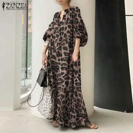 Urban Sexy Dresses Fashionable printed Maxi dress womens leopard print Sundress 2023 ZANZEA spring puff sleeves long vest womens V-neck robe oversizedL2405