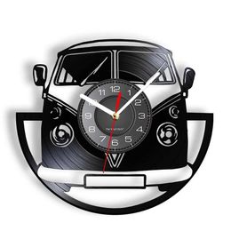 Wall Clocks Mini bus retro wall clock made of vinyl record valve vehicle Waggon laser etched watch with LED Disc craftsmanship decoration Q240509