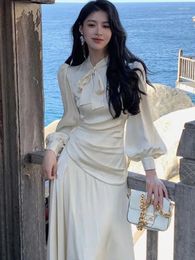 Casual Dresses Spring Elegant Satin Midi Dress Women French Vintage Bow Tie OL Female One Piece Korean Chic Vestido