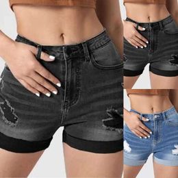 Women's Shorts WomenS Stretchy Jean Shorts With Pockets Rhinestone Denim Shorts Mid Waist Ripped Hem Tessles Sexy Hip Lift Skinny Jean Shorts Y240504