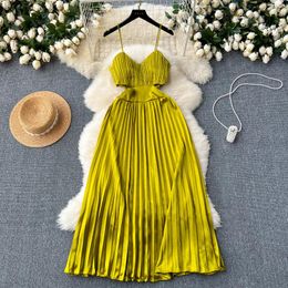 Casual Dresses Chic Pleated Cut Out Slip Dress Elegant Korean Fashion Fairy High Waist A-line Vestidos Summer Women Beach