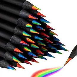 Pencils 12 Kawaii Rainbow Pencil 7-color Concentrated Gradient Crayon Childrens Gift Coloured Pencil Art Painting Station d240510