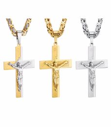 Crucifix Jesus Pendant Necklace Gold Colour Stainless Steel Christs Bible Men Jewellery Byzantine Chain Gift for Father3845430