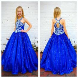 2021 Girls Pageant Dresses Royal Blue with Beaded Straps and Sexy Keyhole Back Sparkly Girls Birthday Gowns Sleeveless Custom Made 243Y