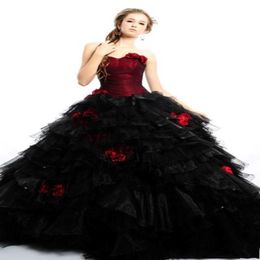 2019 Vintage Burgundy Gothic Plus Size Ball Gown Wedding Dresses Bridal Gowns Strapless Flowers Black and Red Tulle Halloween Party Dre 276U