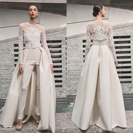 Elegant Beach Wedding Dresses Jumpsuits With Detachable Skirt Satin Sweep Train Sweetheart Country Bridal Gowns With Jacket Long Sleeve 222m