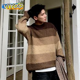 Men's Sweaters Y2K Vintage Winter Blouse Striped Knit Sweater Korean Style Clothes Streetwear Knitwear Pullovers Jumper For Men