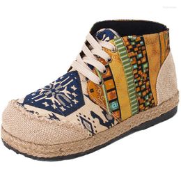 Casual Shoes Women Linen Boho Cotton Canvas Single National Woven Round Toe Lace Up Cloth Woman High Top Flats Size 35-44