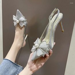 Dress Shoes Chic Pearl Bow-knot Bling Wedding Woman Pumps Clear Patchwork Sandals Pointed Toe Stiletto High Heels For Women 2024