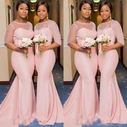 Blush Pink African Nigerian Mermaid Bridesmaid Dresses with Sleeve 2019 Sheer Lace Neck Plus Size Maid of Honour Wedding Guest Gown 192N