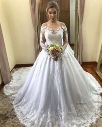 Arabiska långärmad bollklänning bröllopsklänningar från axelspets applicerade brudklänningar med domstolståg plus storlek mammklänning M100 0510