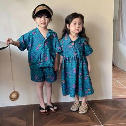 Clothing Sets Summer Children Brother Sister Denim Outfit Kids Boys Print Short Sleeve Shirts Shorts 2Pcs Set Toddler Girls Dress