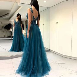 Dusty Blue Tulle Evening Dresses 2020 New Custom Made Sweep Train Applique Beads V-Neck A-Line Backless Formal Prom Party Gowns 116 0510
