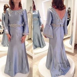 Saudi Arabia Satin Evening Gowns Long Sleeves Mermaid Of The Bride Prom Dresses Backless Appliques Beads Mother Dress Custom Made Q80 0510