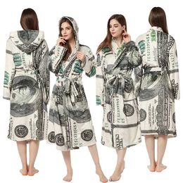 Women's Robe Funny Print Robes Couple Winter Warm Homewear Thicken Flannel Bathrobe Gwon Hooded Peignoirs Shower Robe Women Sleepwear