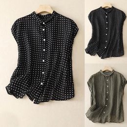 Women's Blouses Polka Dot Printed Cotton Linen Sleeveless Shirt Poplin For Women Short Sleeve V Neck Tops