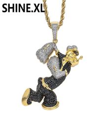Mens Hip Hop Jewelry Cartoon Popeye Pendant Necklace Two Tone Color Iced Out Zircon Stone Jewelry Homme3129992