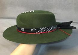 Ethnic Style Green Wide Brim Fedora Hat 100 Wool Women Felt Hats Panama Hat with Turban Ribbon Crushabley Porkpie Style12812083