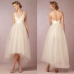 Simple Beach Wedding Dresses Plunging Neckline Sleeveless Wedding Gowns With Tiered Tulle Ruffle Tea-Length Custom Made Bridal Gown Che 2566