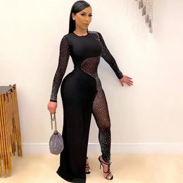 Sexy Rhinestone Jumpsuits Luxury for Women Long Sleeve Sheer Mesh Patchwork Skinny Night Party Club Romper Overalls Birthday 240510