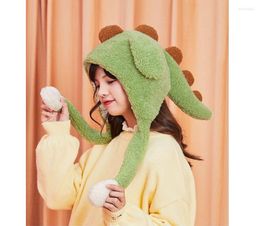 Beanies Women Winter Bomber Cap y Plush Hoodie Scarf Hat With Moving Jumping Ears Female Funny Cartoon Dinosaur Warm Earflap3174787