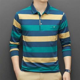 Men's Polos New Mens Casual Stripe Plaid Long Slve Polo Shirt Fashion Solid Polo Top Y240510WV2M
