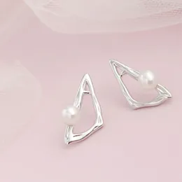 Stud Earrings Authentic 925 Sterling Silver Earring Inlaid Natural Freshwater Pearl Triangle Geometry Creative Trendy Jewellery Gift
