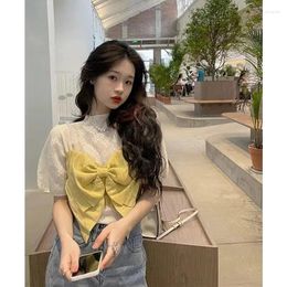 Women's T Shirts White Bubble Sleeved Hollowed Out Shirt Top With French Design Sense Niche Suspender Bow Two-piece Set
