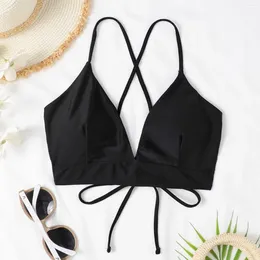 Bras 2024 Solid Color Backless Swim Wear Bra Deep V Cross Lace Up One-piece Push Swimsuit Seamless Holiday Bikinis Tops Summer