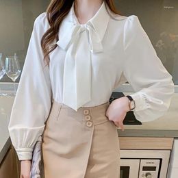 Women's Blouses Autumn Elegant Fashon Office Lady Shirt Women All Match Chic Loose Casual Bow Turn Down Sleeve Lantern Solid Colour Top
