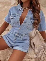 Summer Women Shorts Overalls Jeans Lady Sexy Vintage Denim Pants Lady Casual High Street Jumpsuit Stripper Party Loose Bodysuit 240509