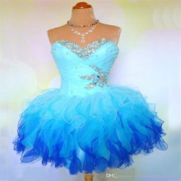 Stock Blue Organza Mini Short Homecoming Dresses with Beaded Crystal Off the Shoulder Lace Up Prom Graduation Cocktail Party Gown QC191 299S