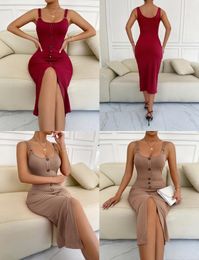 Summer European och American Women's Fashion Elegant and Sexy Slim Solid Color Sticked Split Mid-Length Spaghetti Strap Dress AST2140